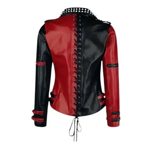 Women's Red & Black Studded Moto Leather Jacket - Image 2