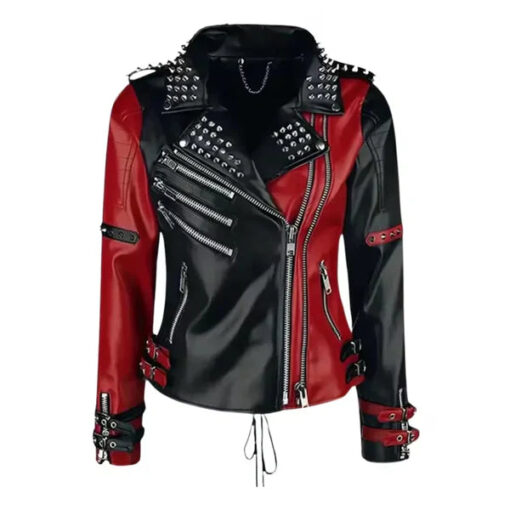 Women's Red & Black Studded Moto Leather Jacket