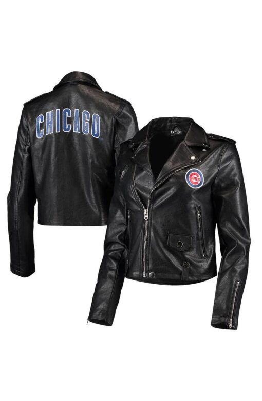 Women's The Wild Collective Black Chicago Cubs Faux Leather Moto Full-Zip Jacket - Image 4