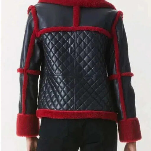Women's Red Faux Fur Aviator Leather Jacket - Image 2