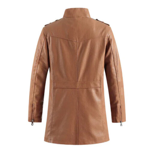 Vintage Casual Stand Collar Brown Leather Biker Coat - Image 2