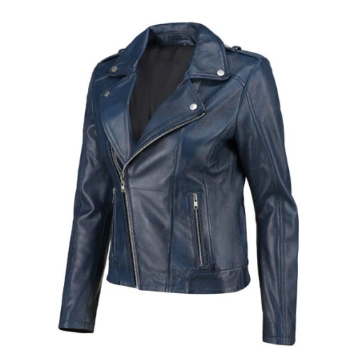 Women's Blue Handwaxed Zip-Up Moto Leather Jacket - Image 2