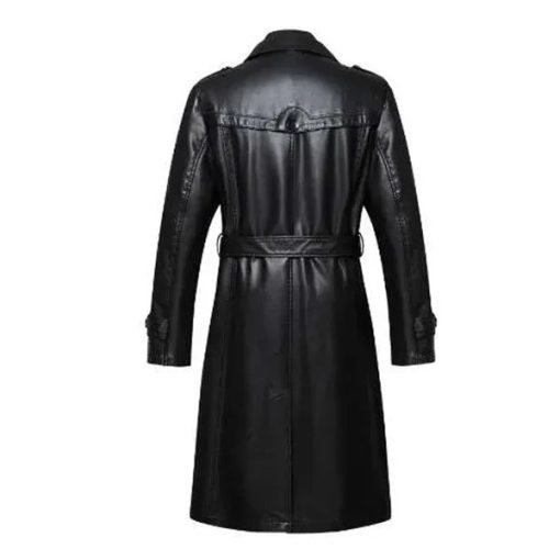 Double Collar Long Trench Genuine Black Leather Coat - Image 2