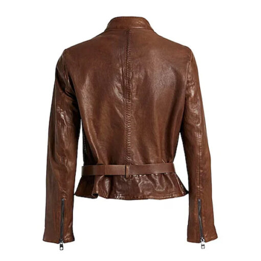 Women's Brown Stylish Button Moto Leather Jacket - Image 2