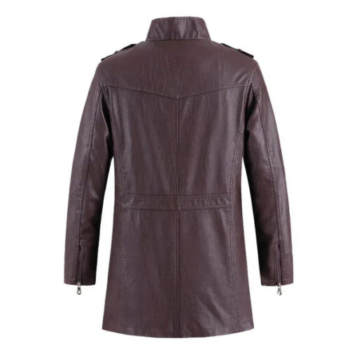 Vintage Casual Wine Stand Collar Leather Biker Coat - Image 2