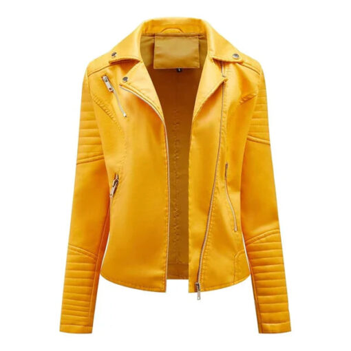 Women's Yellow Lapel Collar Biker Leather Jacket