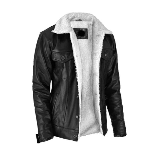 Men's Aviator Faux Shearling Black Leather Jacket - Image 2