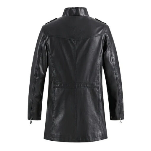 Vintage Casual Stand Collar Biker Black Leather Coat - Image 2