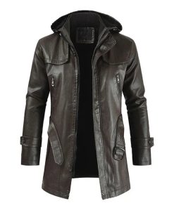 Fashionable Hooded Brown Long Motorcycle Leather Coat