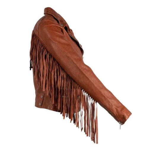 Women’s Tan Brown Burnt Fringe Leather Jacket - Image 2