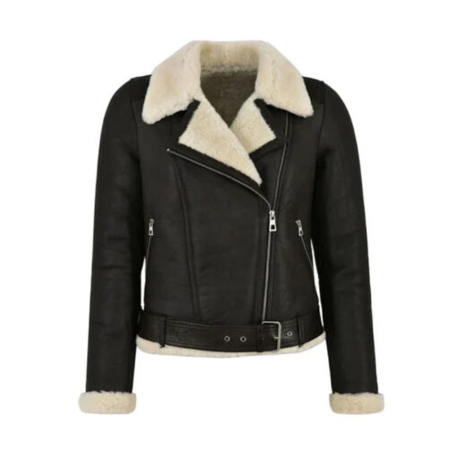 Women Black Genuine Faux Shearling Biker Leather Jacket
