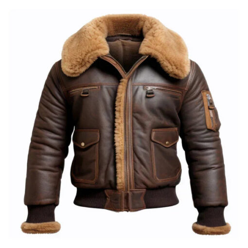 Men's Aviator Lapel Brown Faux Shearling Bomber Leather Jacket