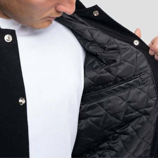 Black Wool Varsity Jacket with Black Leather Sleeves - Image 2