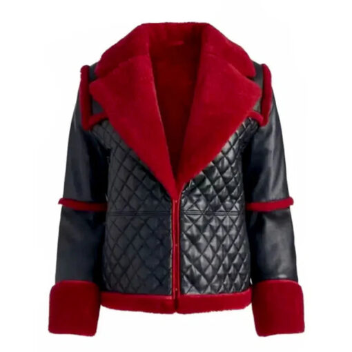 Women's Red Faux Fur Aviator Leather Jacket