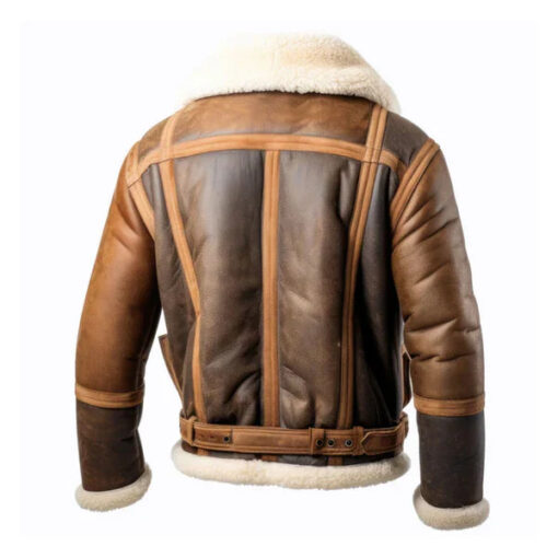 Men's Aviation Lapel Faux Shearling Brown Leather Jacket - Image 2