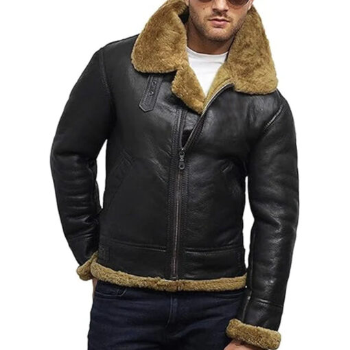 Men's B3 Faux Shearling Flying Bomber Black Leather Jacket - Image 2