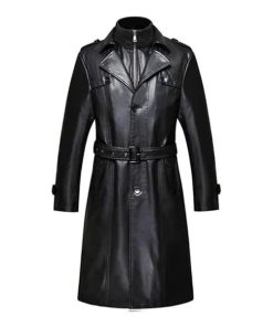 Double Collar Long Trench Genuine Black Leather Coat