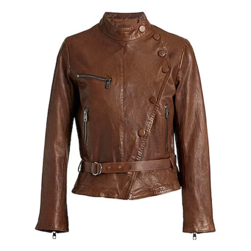 Women's Brown Stylish Button Moto Leather Jacket