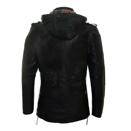 Classic Hooded Black Leather Trench Overcoat - Image 2