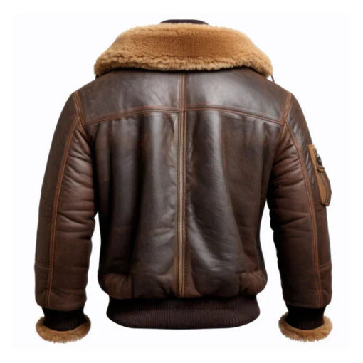 Men's Aviator Lapel Brown Faux Shearling Bomber Leather Jacket - Image 2