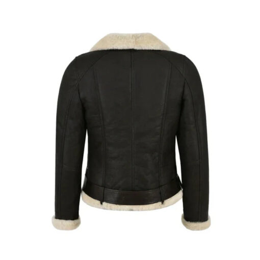 Women Black Genuine Faux Shearling Biker Leather Jacket - Image 2