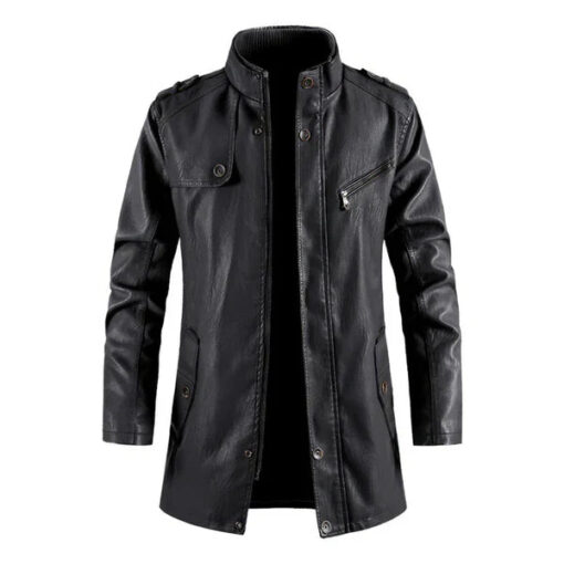 Vintage Casual Stand Collar Biker Black Leather Coat
