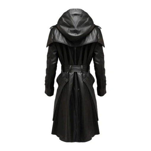 Stylish Hooded Genuine Black Leather Coat - Image 2