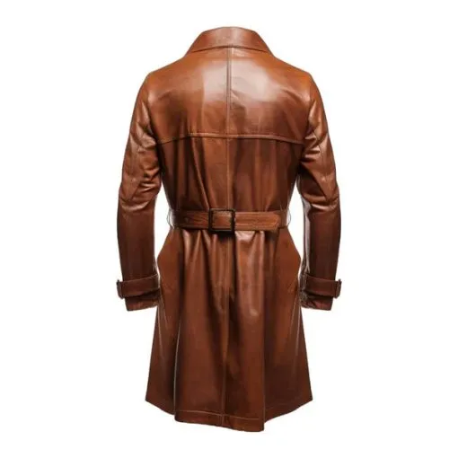 Button Style Vintage Long Brown Leather Coat - Image 2