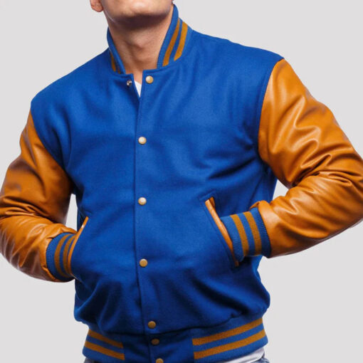Bright Royal Wool Varsity Jacket with Old Gold Leather Sleeves - Image 2