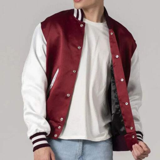 Maroon Satin Jacket with White Sleeves - Image 2