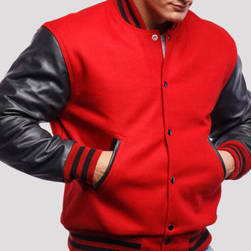Scarlet Red Wool Varsity Jacket with Black Leather Sleeves - Image 2
