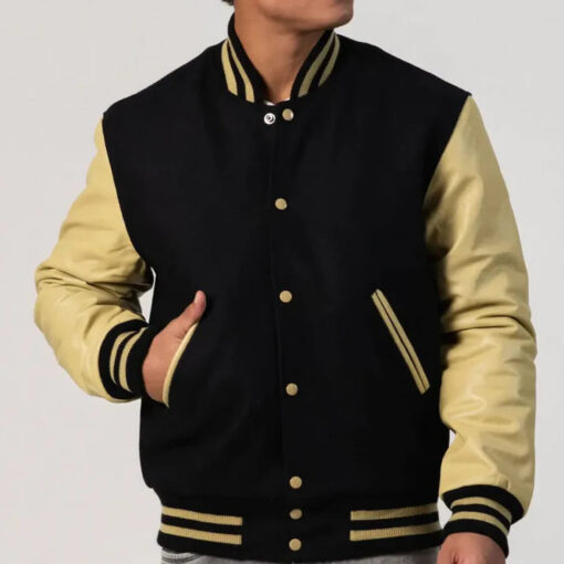 Black Melton Wool Varsity Jacket with Vegas Gold Leather Sleeves - Image 2