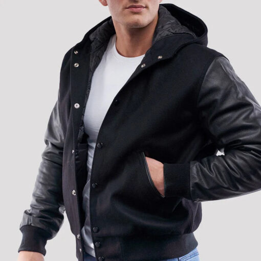 Black Wool Varsity Hoodie Jacket with Black Leather Sleeves - Image 2