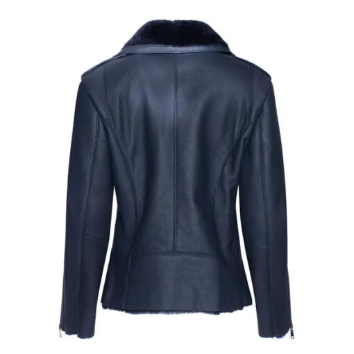 Women's Blue Shearling Straight Leather Jacket - Image 2