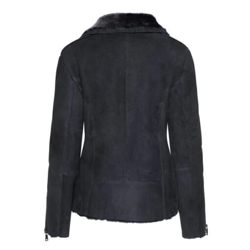 Women's Black Shearling Straight Moto Leather Jacket - Image 2