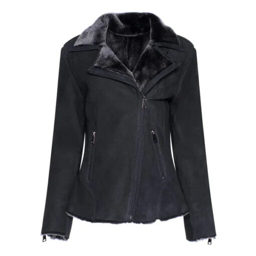 Women's Black Shearling Straight Moto Leather Jacket