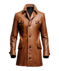 Erect Collar Brown Stylish Genuine Leather Coat
