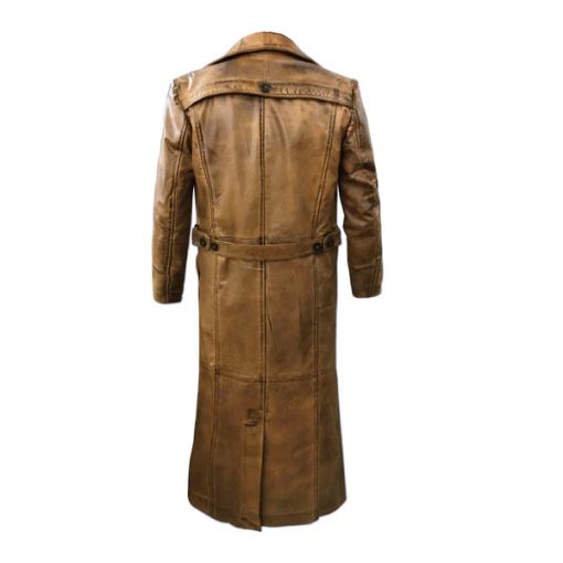 Below Knee Distressed Vintage Brown Long Leather Coat - Image 2