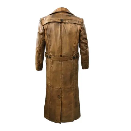 Below Knee Distressed Vintage Brown Long Leather Coat - Image 2