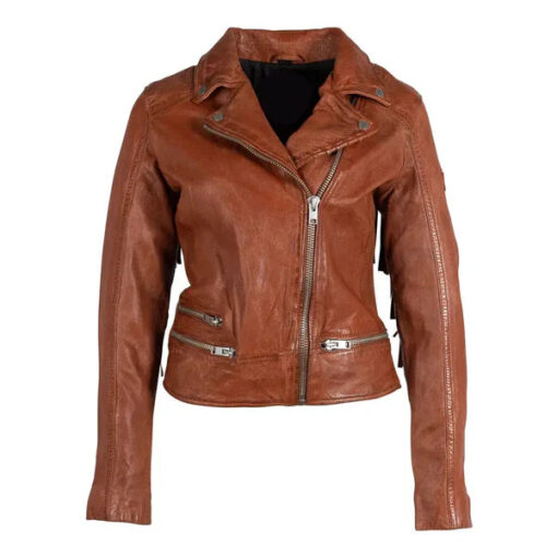 Women’s Tan Brown Burnt Fringe Leather Jacket