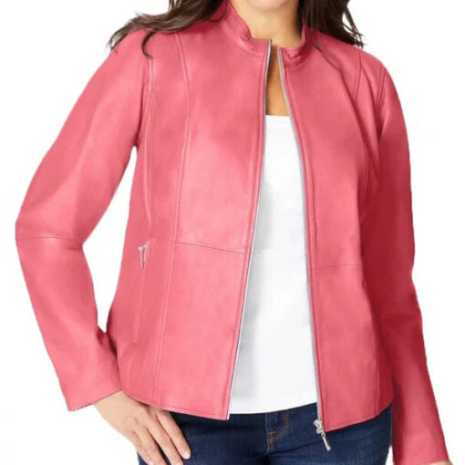 Women's Pink Front Zip Leather Jacket