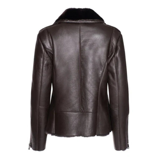 Women's Brown Shearling Straight Moto Leather Jacket - Image 2