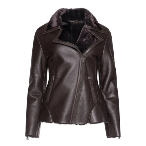 Women's Brown Shearling Straight Moto Leather Jacket