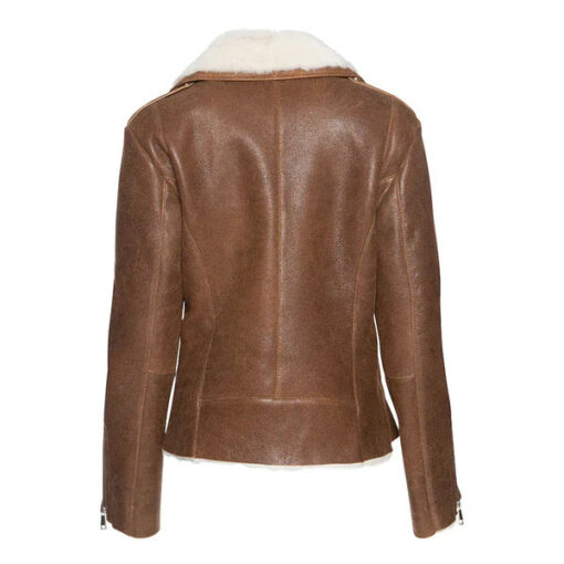 Women's Cognac Shearling Straight Moto Leather Jacket - Image 2