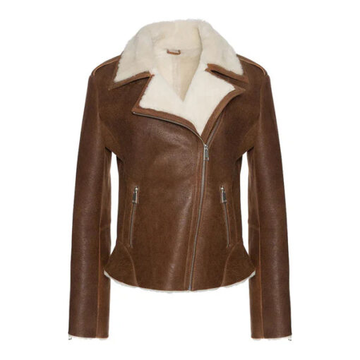 Women's Cognac Shearling Straight Moto Leather Jacket