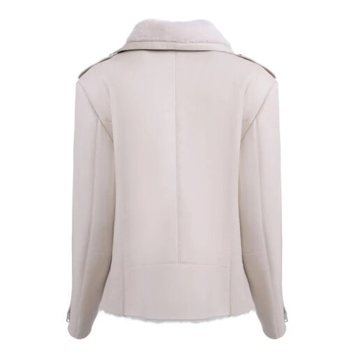 Women's White Shearling Straight Moto Leather Jacket - Image 2