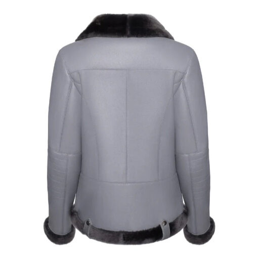 Women's Grey Merino Shearling Black Fur Leather Jacket - Image 2