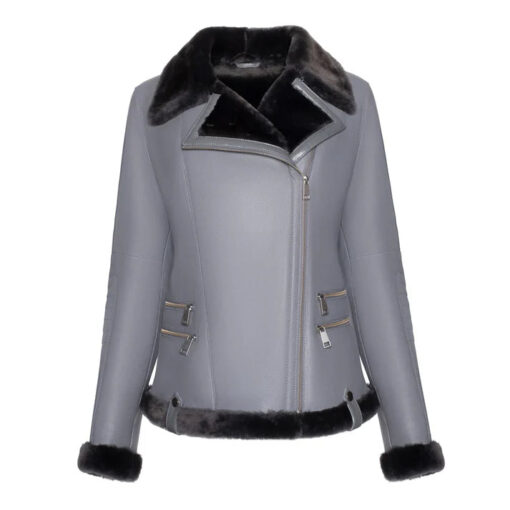 Women's Grey Merino Shearling Black Fur Leather Jacket