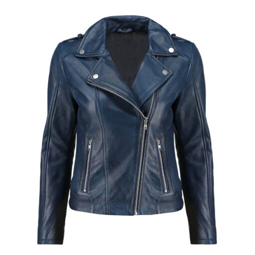 Women's Blue Handwaxed Zip-Up Moto Leather Jacket