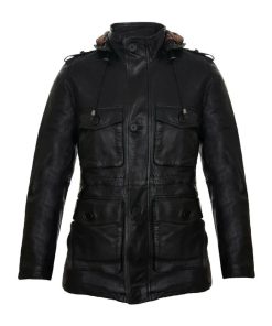 Classic Hooded Black Leather Trench Overcoat